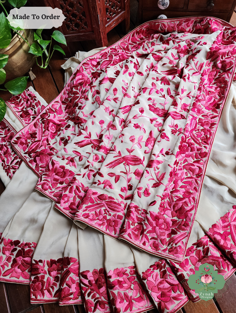 Zynah Made To Order Beige / Hot Pink Pure Crepe Silk Hand Embroidered Authentic Parsi Gara Saree; Custom Stitched/Ready-made Blouse, Fall, Petticoat; SKU: 2008202505