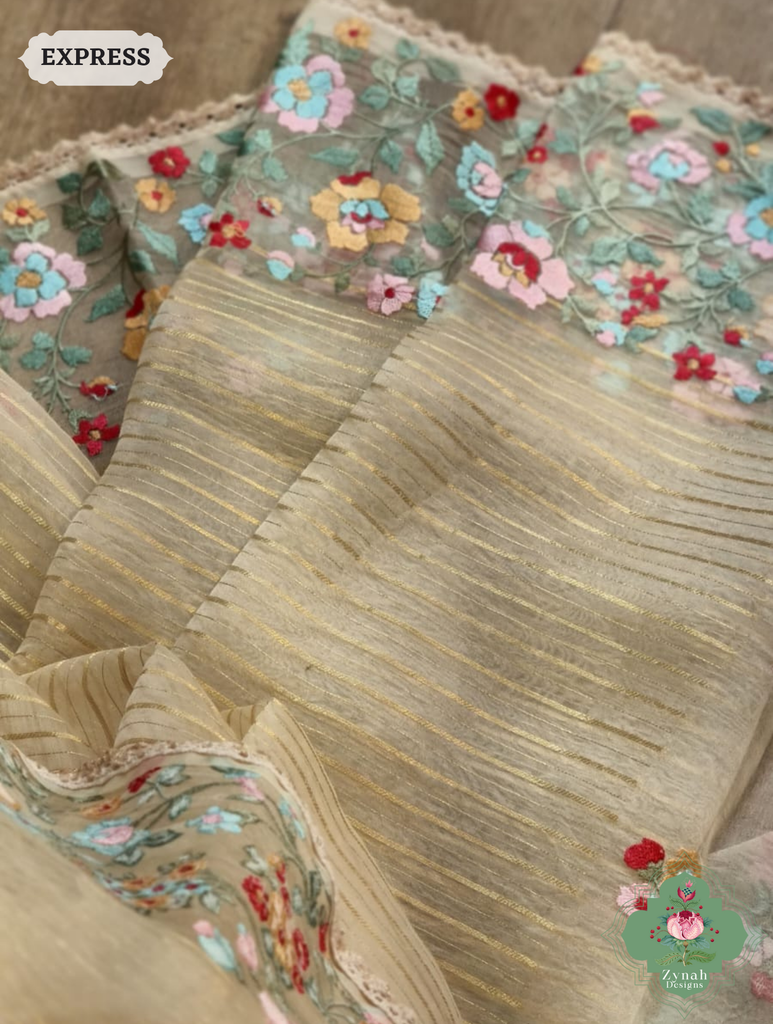 Beige Organza Silk Saaree 3