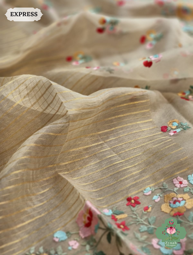 Beige Organza Silk Saaree 5