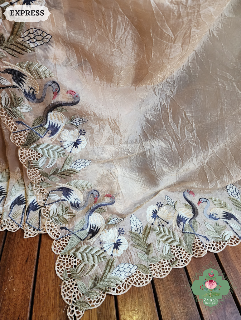 Zynah Beige Organza Tissue Saree With Exquisite Crane Embroidery & Cutwork Scalloped Border; Custom Stitched/Ready-made Blouse, Fall, Petticoat; SKU: 0410202501