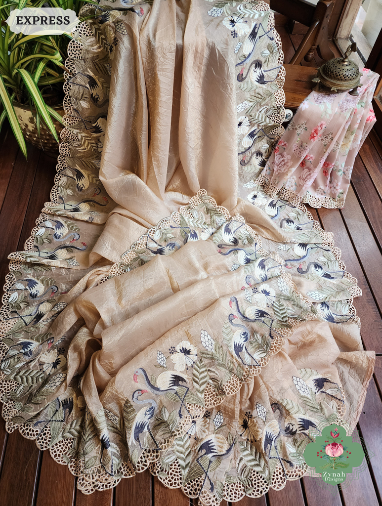 Zynah Beige Organza Tissue Saree With Exquisite Crane Embroidery & Cutwork Scalloped Border; Custom Stitched/Ready-made Blouse, Fall, Petticoat; SKU: 0410202501