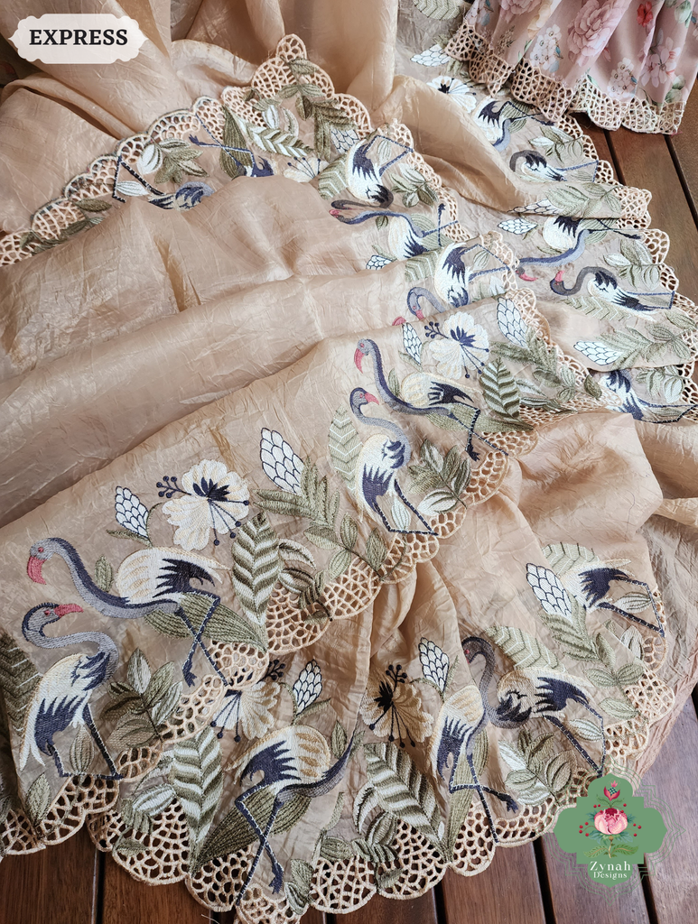 Zynah Beige Organza Tissue Saree With Exquisite Crane Embroidery & Cutwork Scalloped Border; Custom Stitched/Ready-made Blouse, Fall, Petticoat; SKU: 0410202501