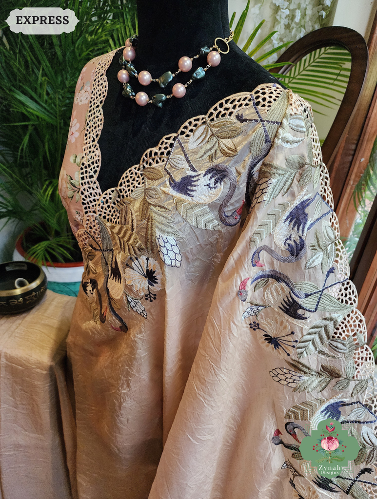 Zynah Beige Organza Tissue Saree With Exquisite Crane Embroidery & Cutwork Scalloped Border; Custom Stitched/Ready-made Blouse, Fall, Petticoat; SKU: 0410202501