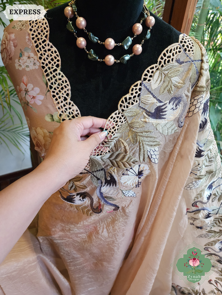 Zynah Beige Organza Tissue Saree With Exquisite Crane Embroidery & Cutwork Scalloped Border; Custom Stitched/Ready-made Blouse, Fall, Petticoat; SKU: 0410202501