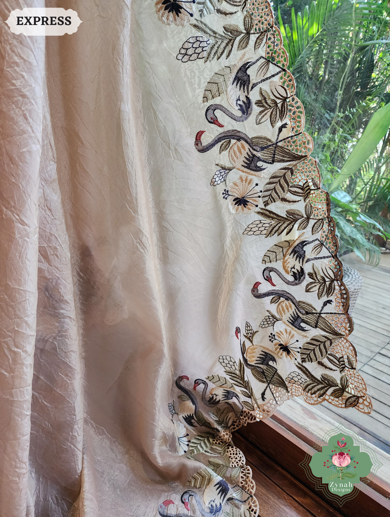 Zynah Beige Organza Tissue Saree With Exquisite Crane Embroidery & Cutwork Scalloped Border; Custom Stitched/Ready-made Blouse, Fall, Petticoat; SKU: 0410202501
