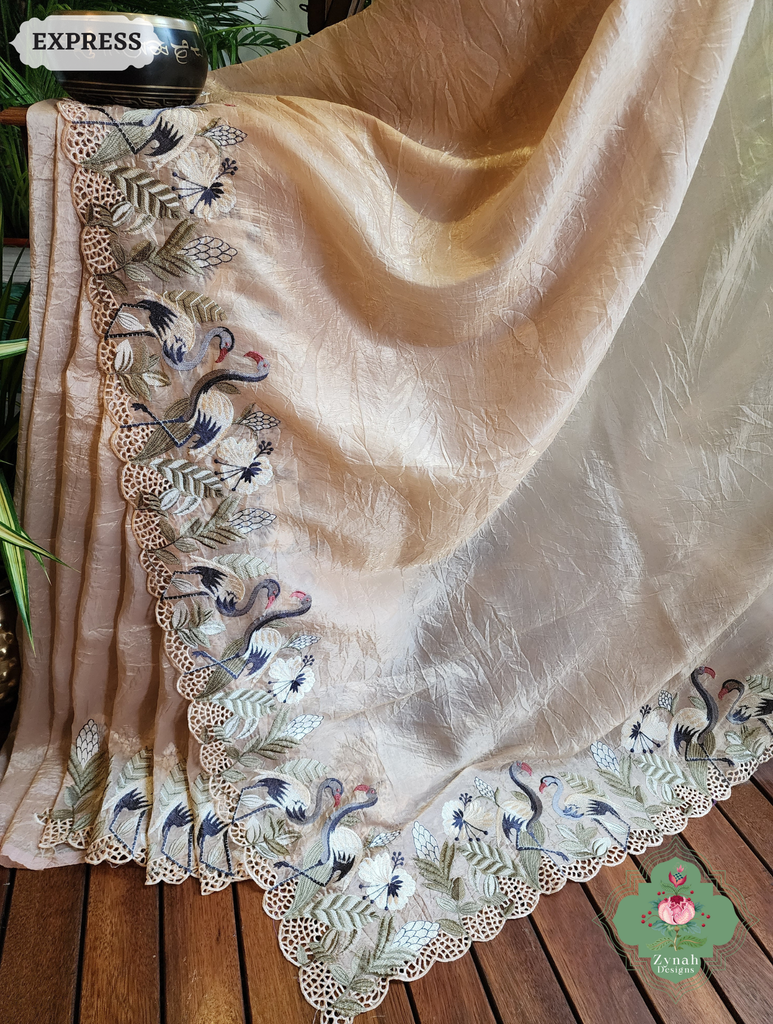 Zynah Beige Organza Tissue Saree With Exquisite Crane Embroidery & Cutwork Scalloped Border; Custom Stitched/Ready-made Blouse, Fall, Petticoat; SKU: 0410202501