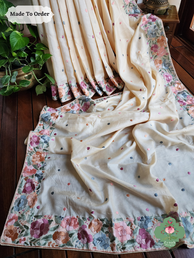 Zynah Made To Order Beige Pure Tussar Silk Hand Embroidered Authentic Parsi Gara Saree; Custom Stitched/Ready-made Blouse, Fall, Petticoat; SKU: 2312202405