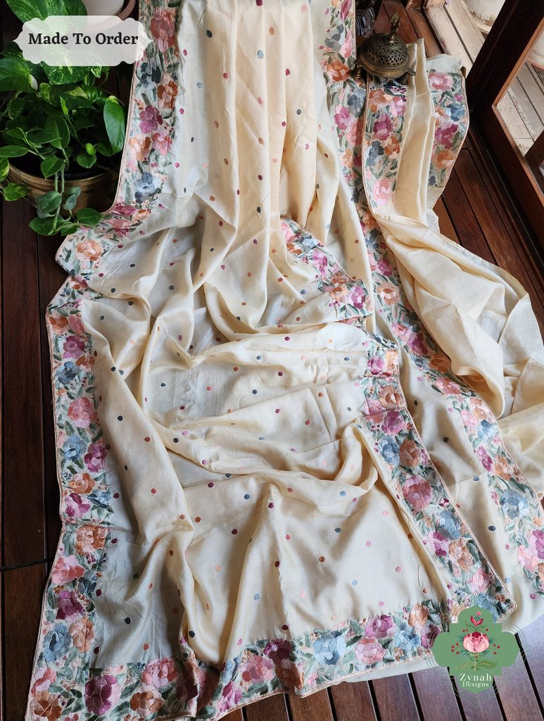 Zynah Made To Order Beige Pure Tussar Silk Hand Embroidered Authentic Parsi Gara Saree; Custom Stitched/Ready-made Blouse, Fall, Petticoat; SKU: 2312202405