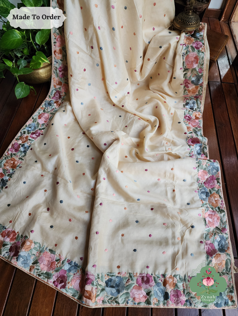 Zynah Made To Order Beige Pure Tussar Silk Hand Embroidered Authentic Parsi Gara Saree; Custom Stitched/Ready-made Blouse, Fall, Petticoat; SKU: 2312202405