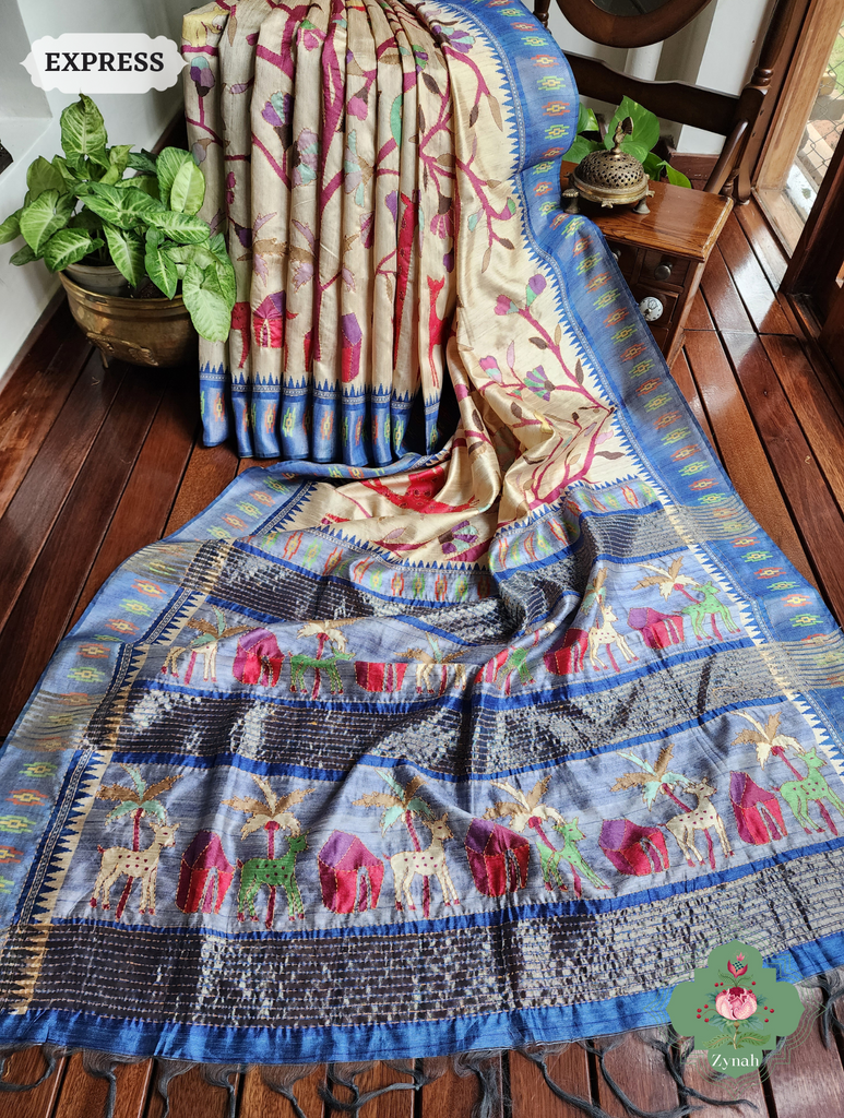Beige & Blue Jute Linen Saree With Kantha Work & Nature Motifs