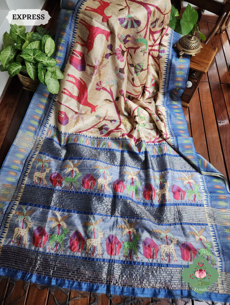 Beige & Blue Jute Linen Saree With Kantha Work & Nature Motifs