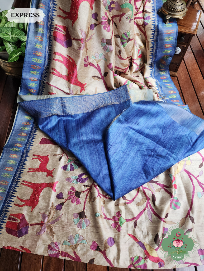 Beige & Blue Jute Linen Saree With Kantha Work & Nature Motifs