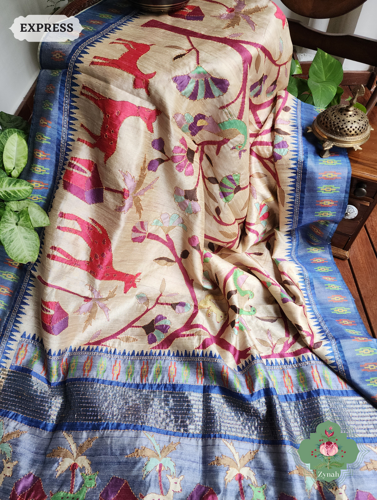 Beige & Blue Jute Linen Saree With Kantha Work & Nature Motifs