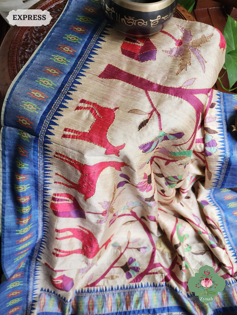 Beige & Blue Jute Linen Saree With Kantha Work & Nature Motifs