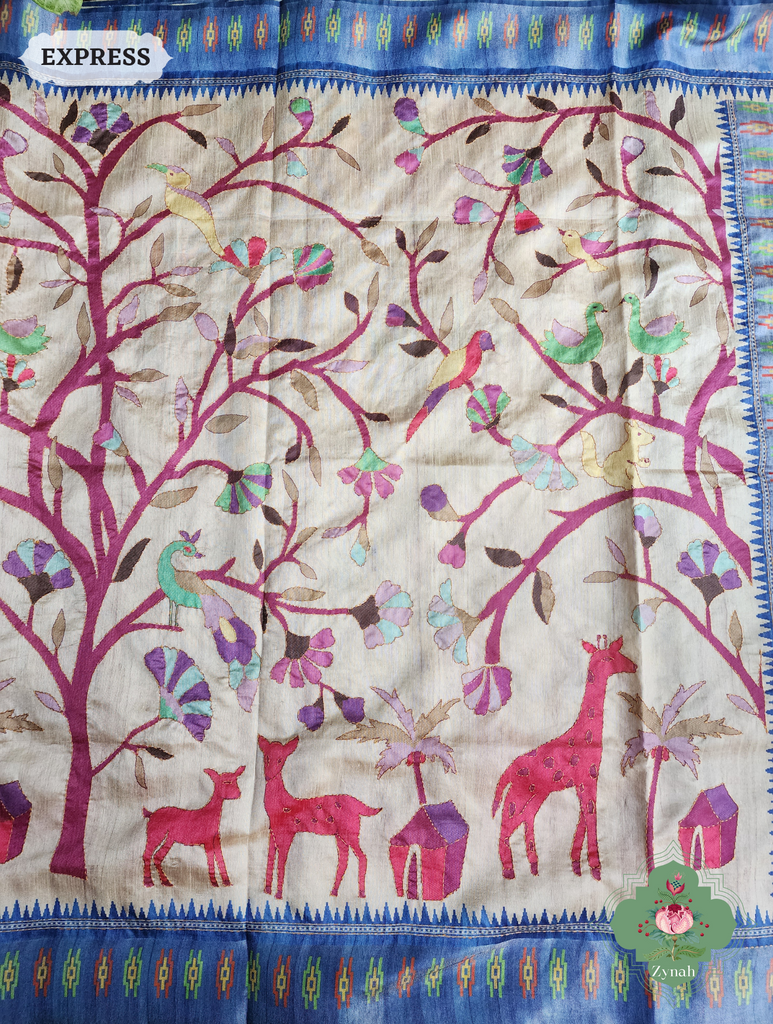 Beige & Blue Jute Linen Saree With Kantha Work & Nature Motifs