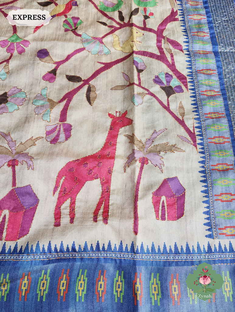 Beige & Blue Jute Linen Saree With Kantha Work & Nature Motifs