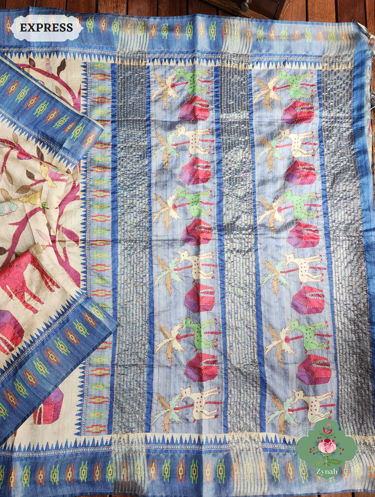 Beige & Blue Jute Linen Saree With Kantha Work & Nature Motifs