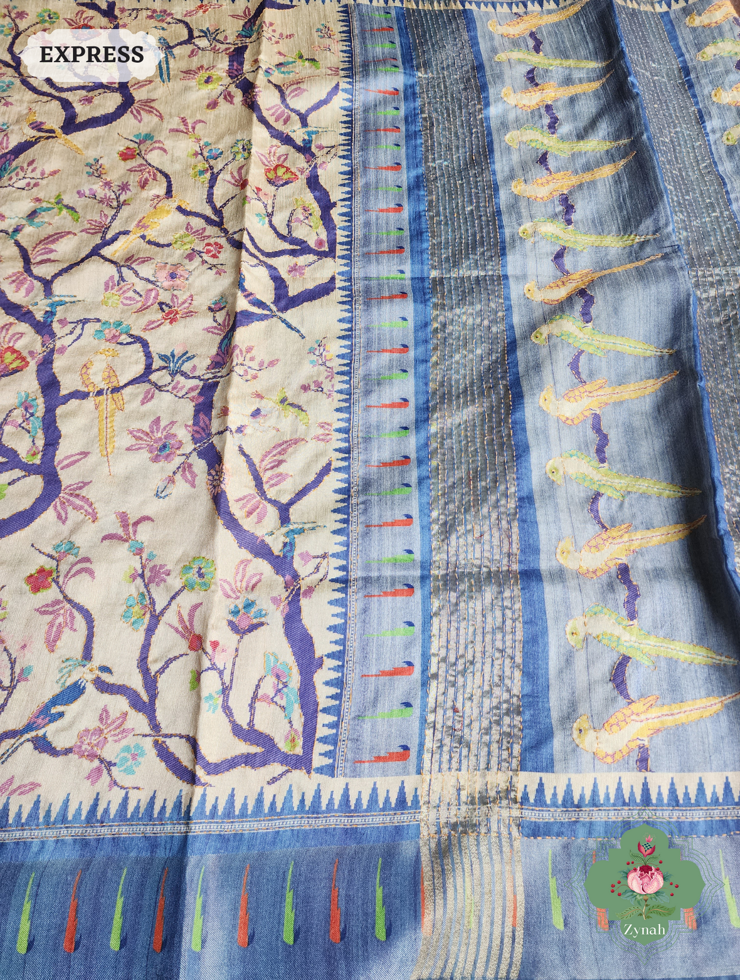 Beige & Blue Jute Linen Saree With Kantha Work & Parrot Motifs