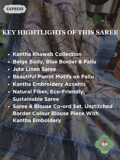Beige & Blue Jute Linen Saree With Kantha Work & Parrot Motifs 2