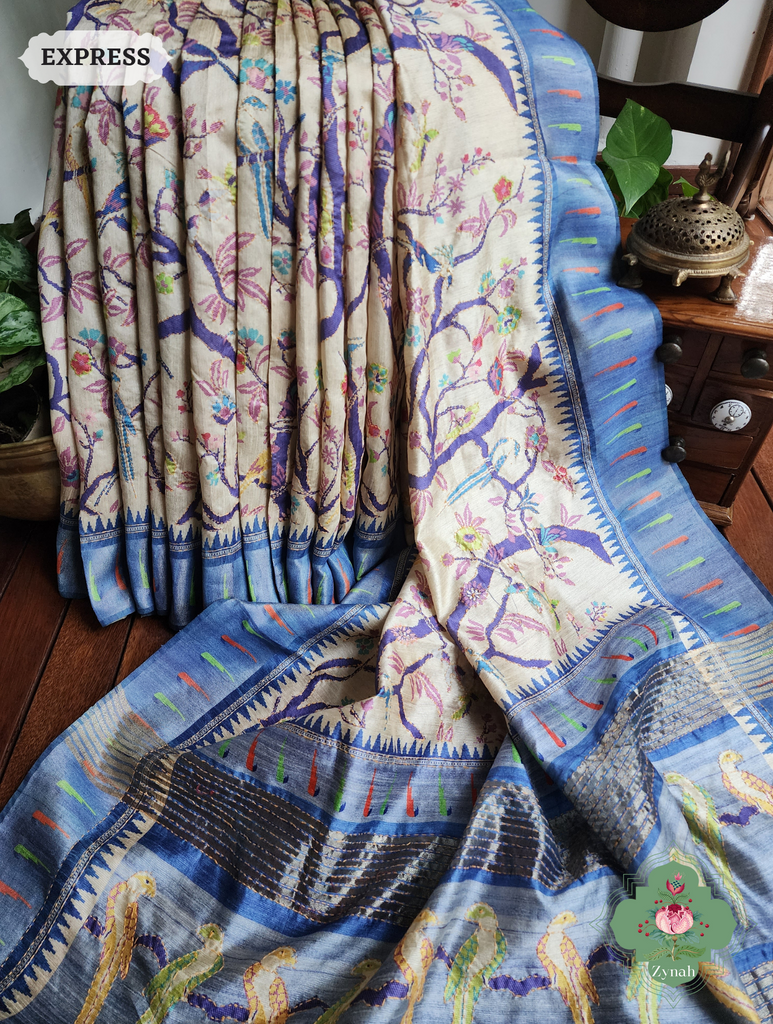 Beige & Blue Jute Linen Saree With Kantha Work & Parrot Motifs 3