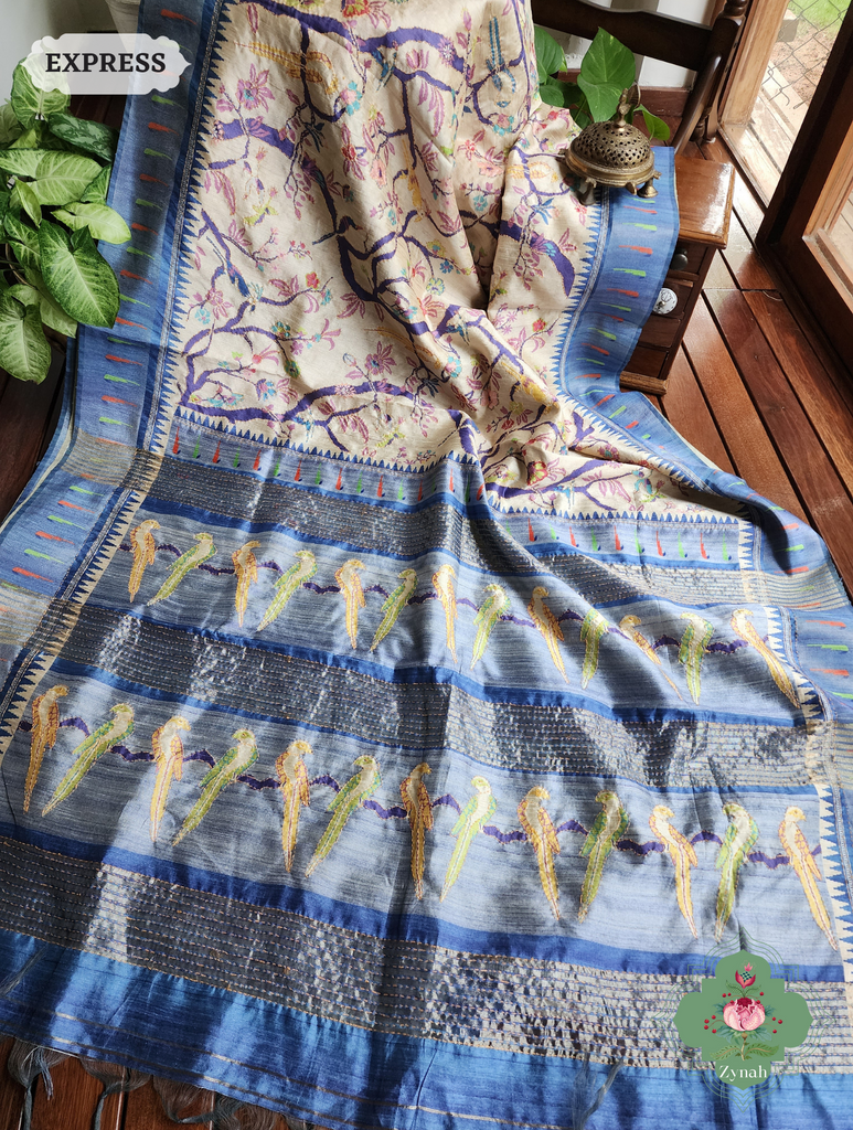 Beige & Blue Jute Linen Saree With Kantha Work & Parrot Motifs