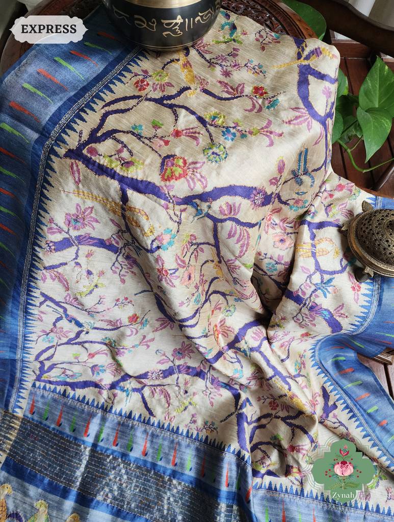 Beige & Blue Jute Linen Saree With Kantha Work & Parrot Motifs