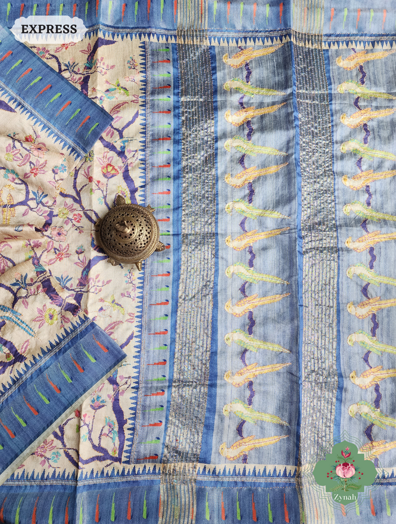 Beige & Blue Jute Linen Saree With Kantha Work & Parrot Motifs