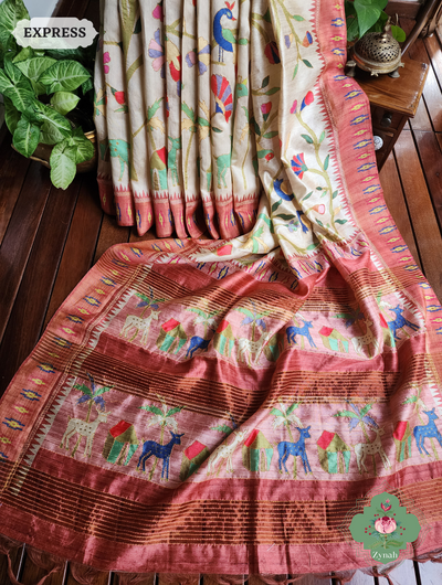 Beige & Coral Jute Linen Saree With Kantha Work & Flora & Fauna Motifs