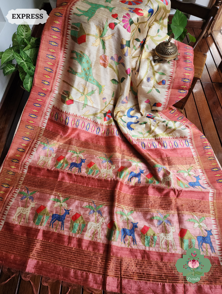Beige & Coral Jute Linen Saree With Kantha Work & Flora & Fauna Motifs
