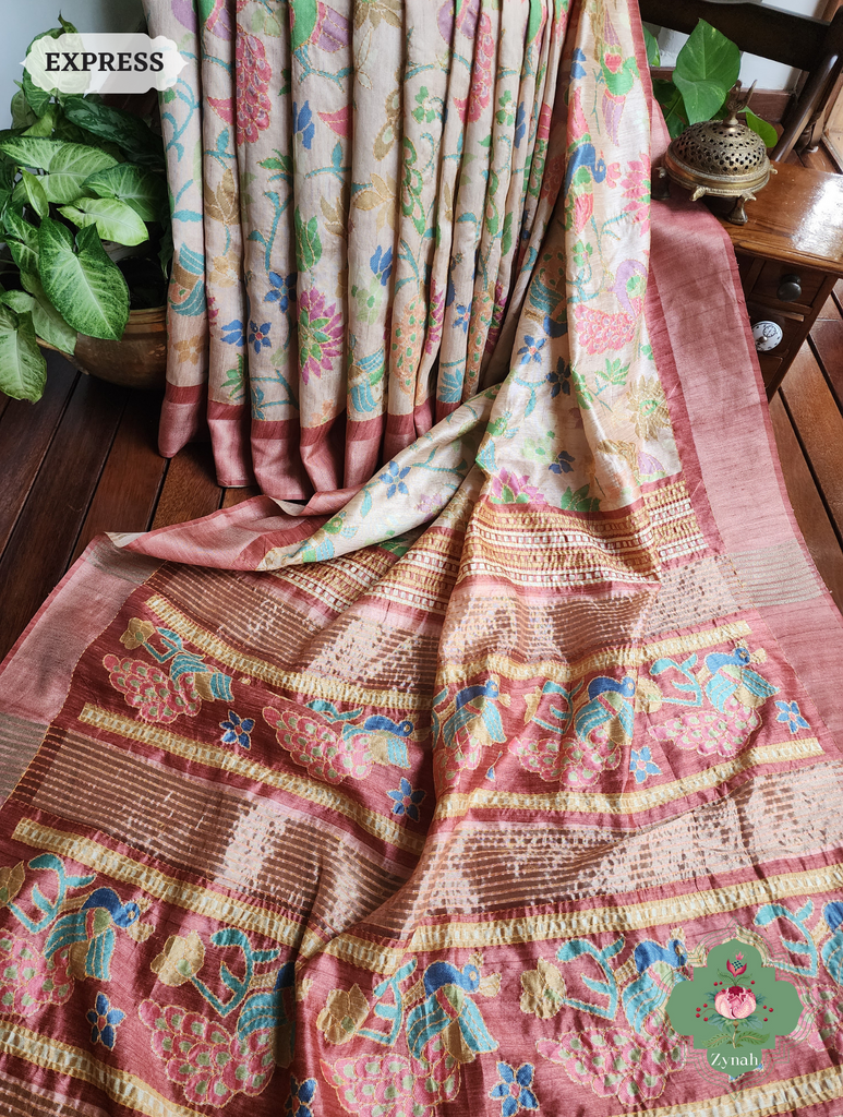 Beige & Coral Jute Linen Saree With Kantha Work & Mayura Motifs