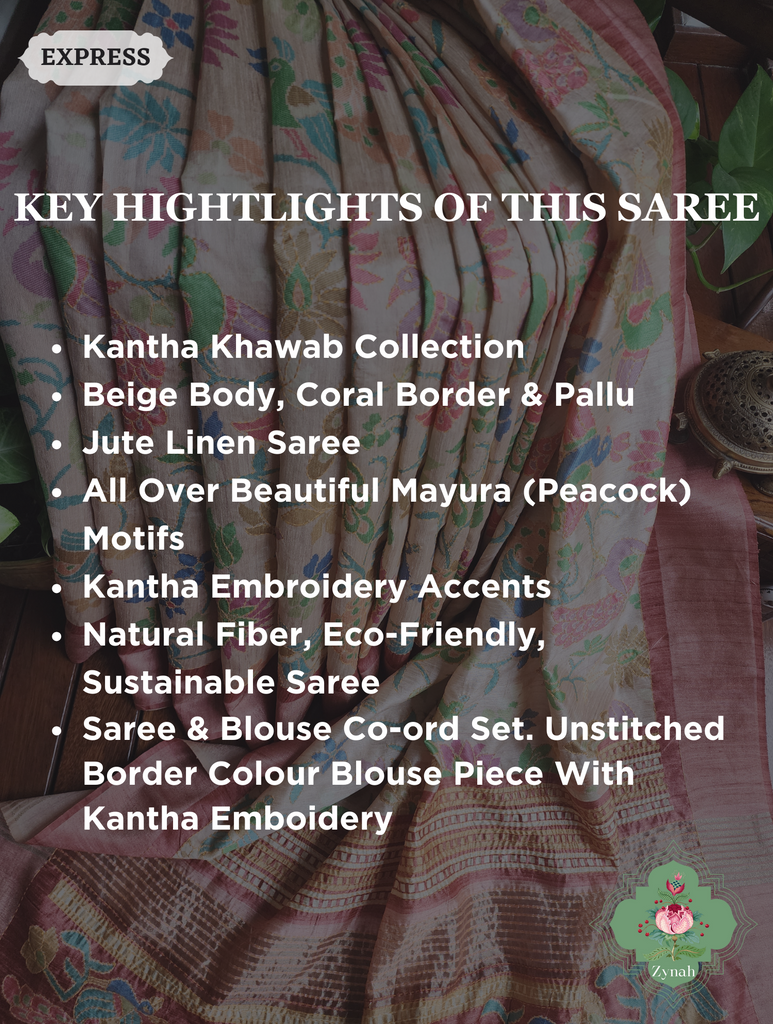 Beige & Coral Jute Linen Saree With Kantha Work & Mayura Motifs