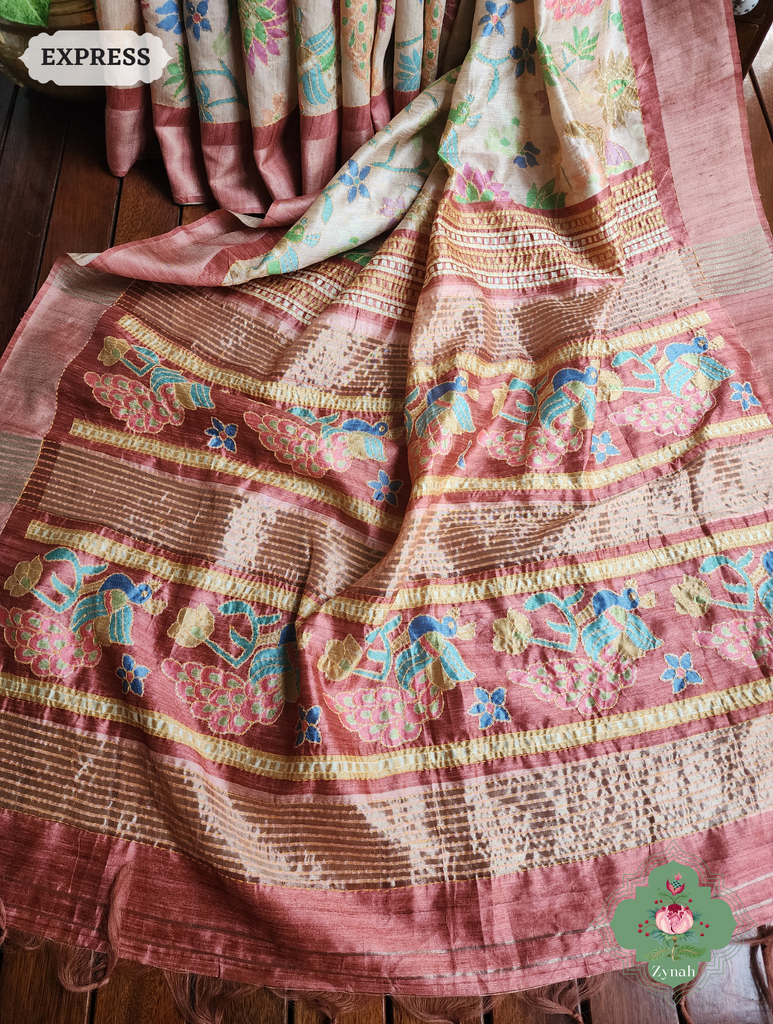 Beige & Coral Jute Linen Saree With Kantha Work & Mayura Motifs