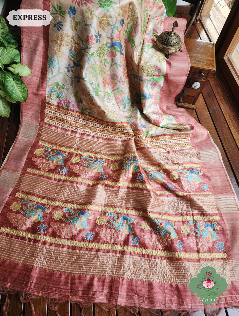 Beige & Coral Jute Linen Saree With Kantha Work & Mayura Motifs