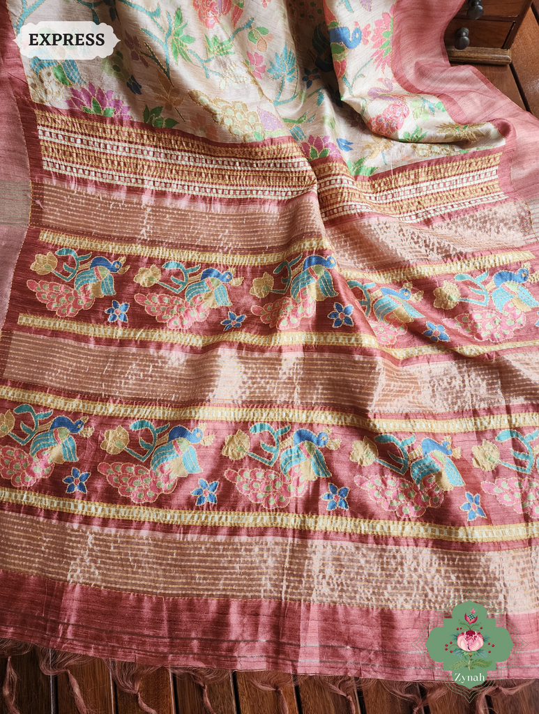 Beige & Coral Jute Linen Saree With Kantha Work & Mayura Motifs
