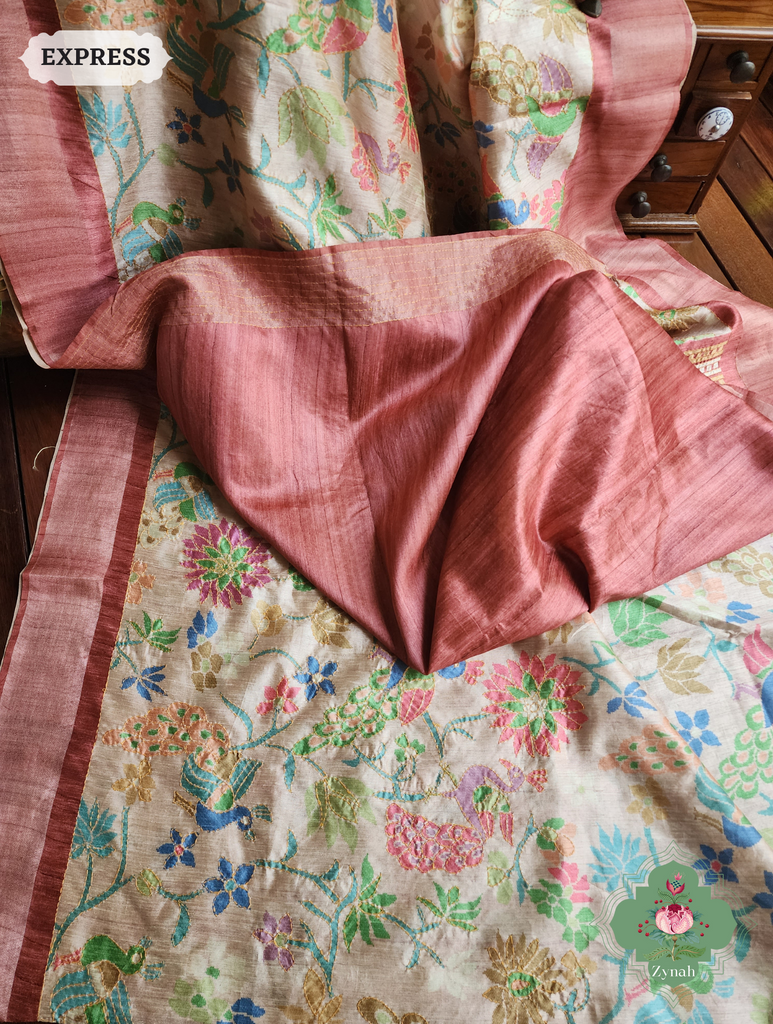 Beige & Coral Jute Linen Saree With Kantha Work & Mayura Motifs
