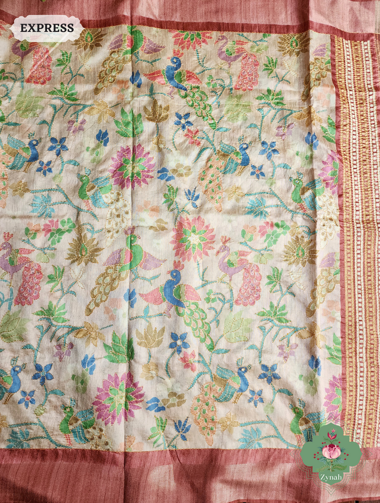 Beige & Coral Jute Linen Saree With Kantha Work & Mayura Motifs
