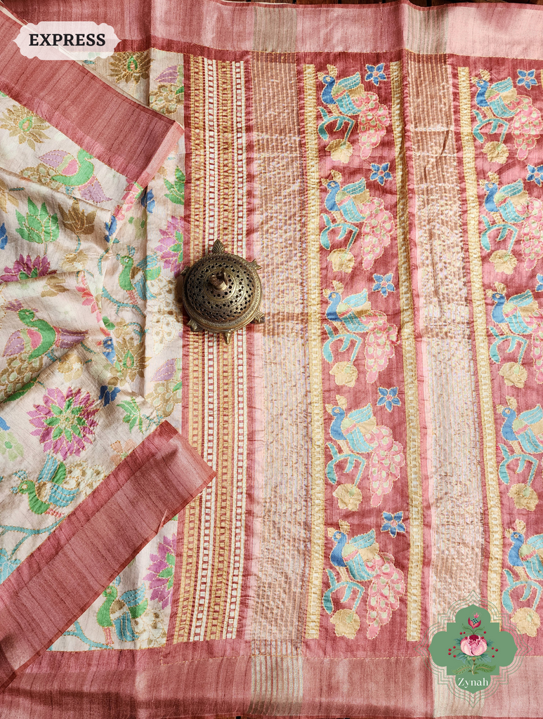 Beige & Coral Jute Linen Saree With Kantha Work & Mayura Motifs
