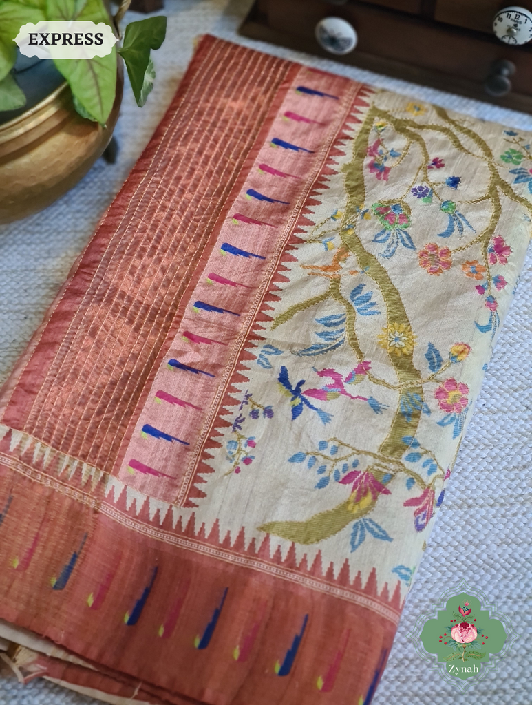 Beige & Coral Jute Linen Saree With Kantha Work & Parrot Motifs