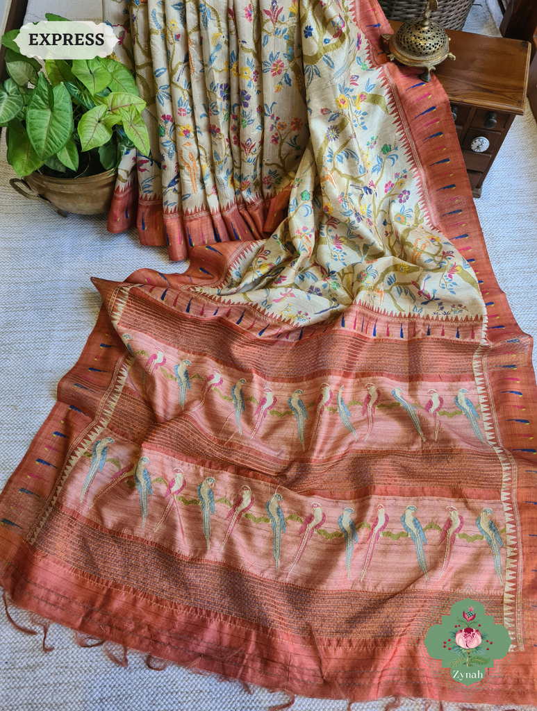Beige & Coral Jute Linen Saree With Kantha Work & Parrot Motifs