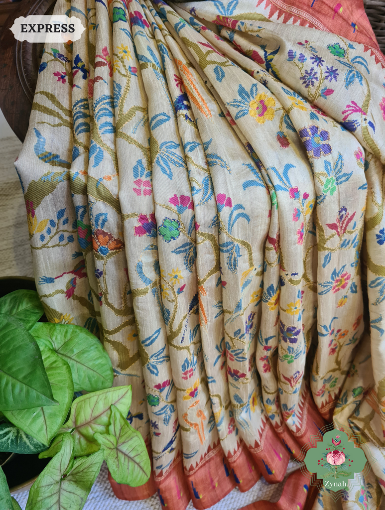 Beige & Coral Jute Linen Saree With Kantha Work & Parrot Motifs