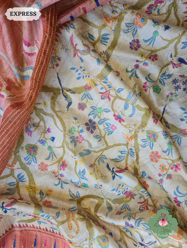 Beige & Coral Jute Linen Saree With Kantha Work & Parrot Motifs