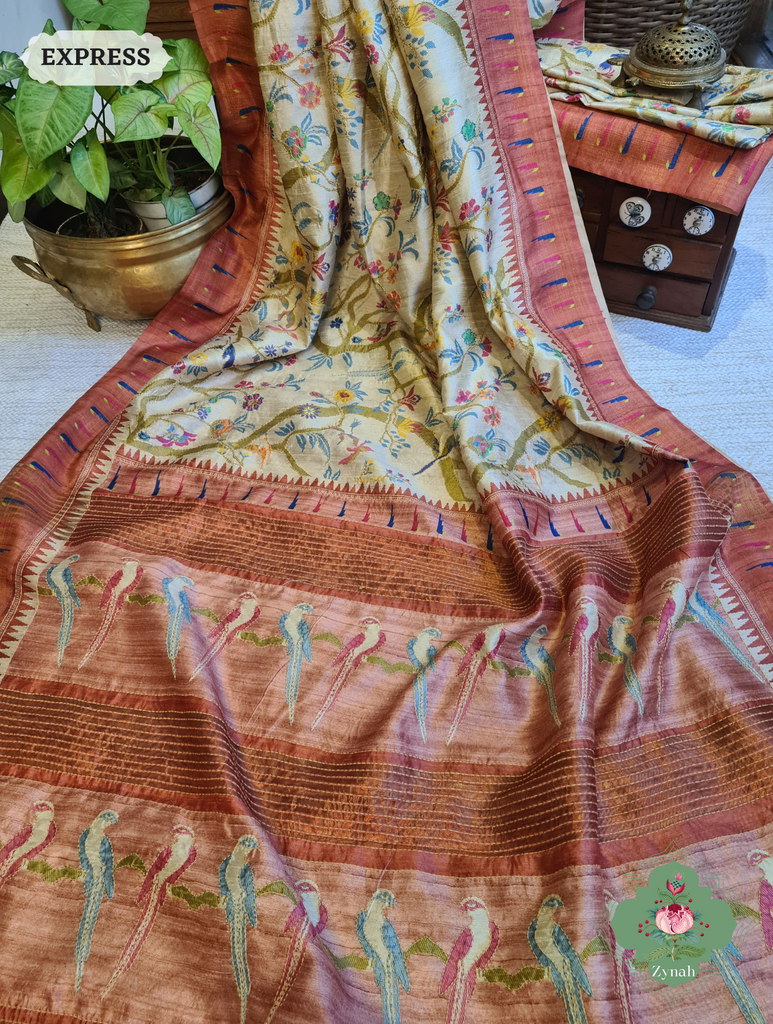 Beige & Coral Jute Linen Saree With Kantha Work & Parrot Motifs