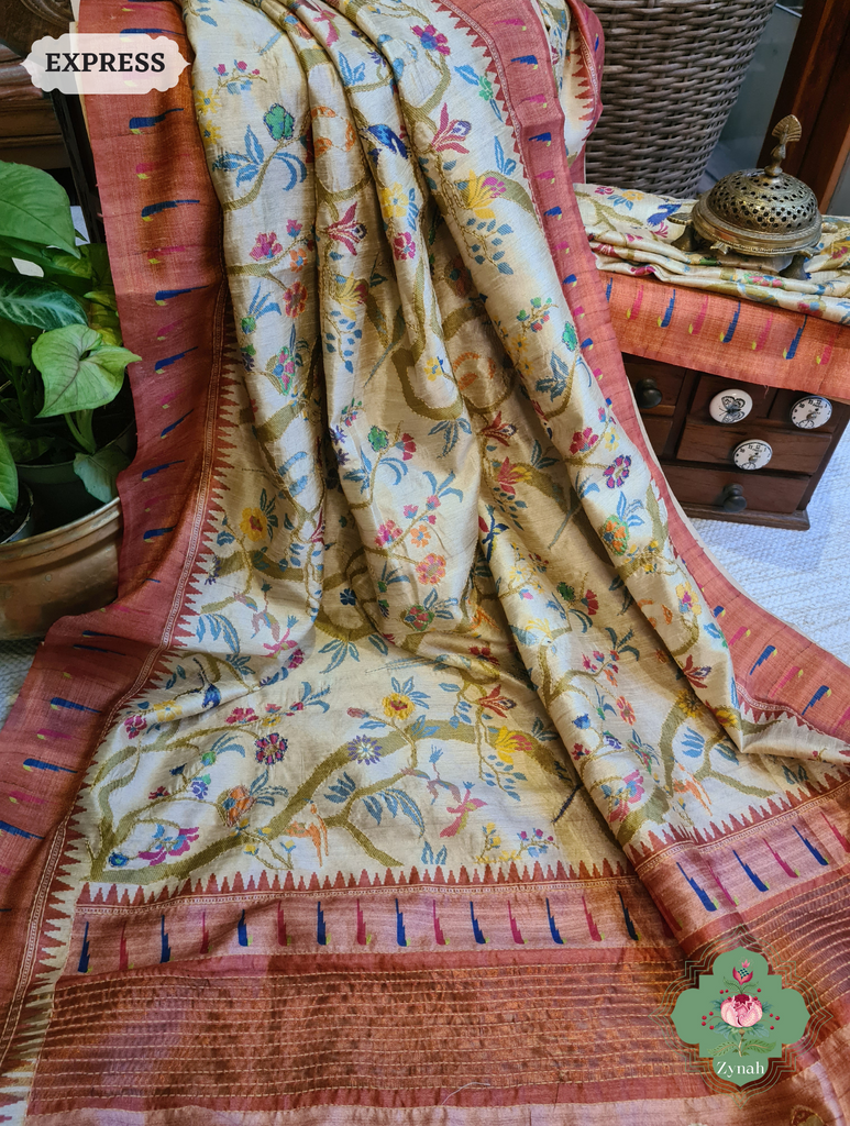 Beige & Coral Jute Linen Saree With Kantha Work & Parrot Motifs