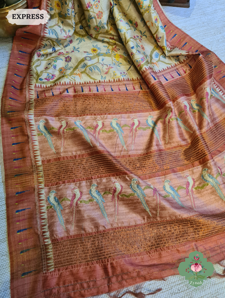 Beige & Coral Jute Linen Saree With Kantha Work & Parrot Motifs