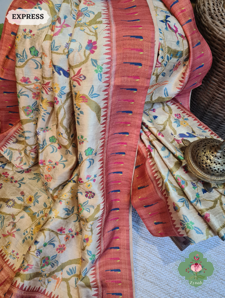 Beige & Coral Jute Linen Saree With Kantha Work & Parrot Motifs