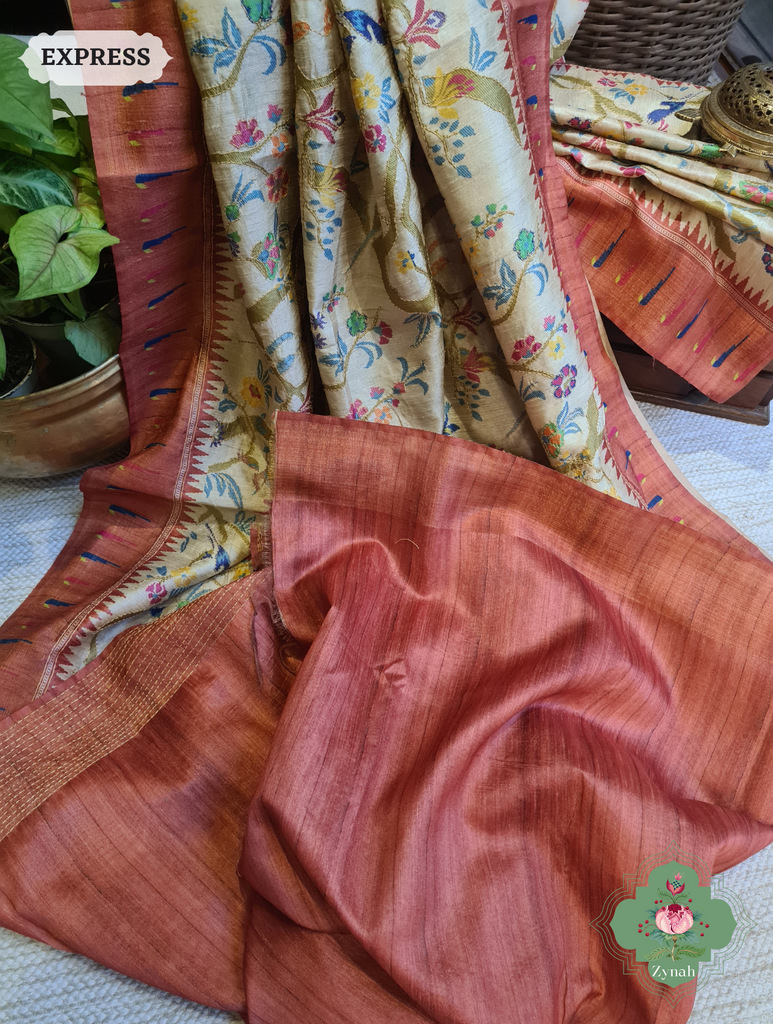 Beige & Coral Jute Linen Saree With Kantha Work & Parrot Motifs