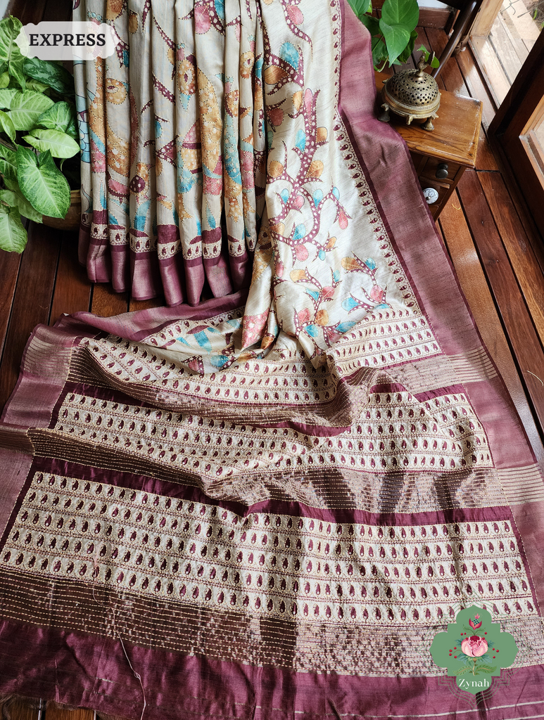 Beige & Dark Brown Jute Linen Saree With Kantha Work & Kalamkari Print