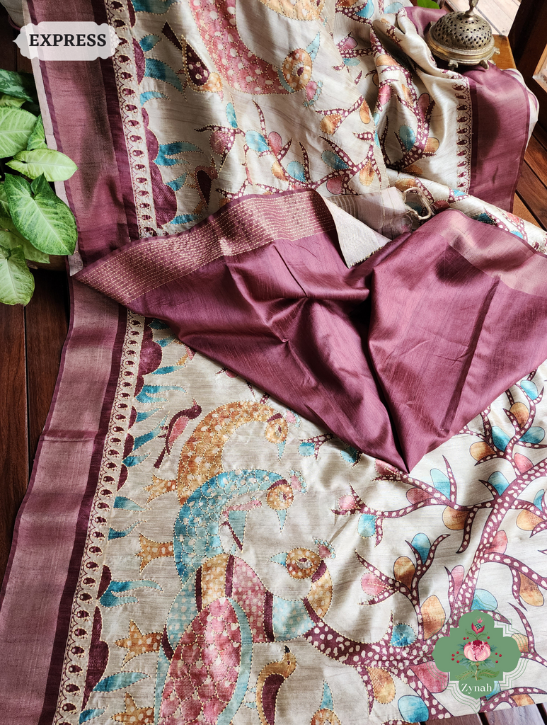 Beige & Dark Brown Jute Linen Saree With Kantha Work & Kalamkari Print