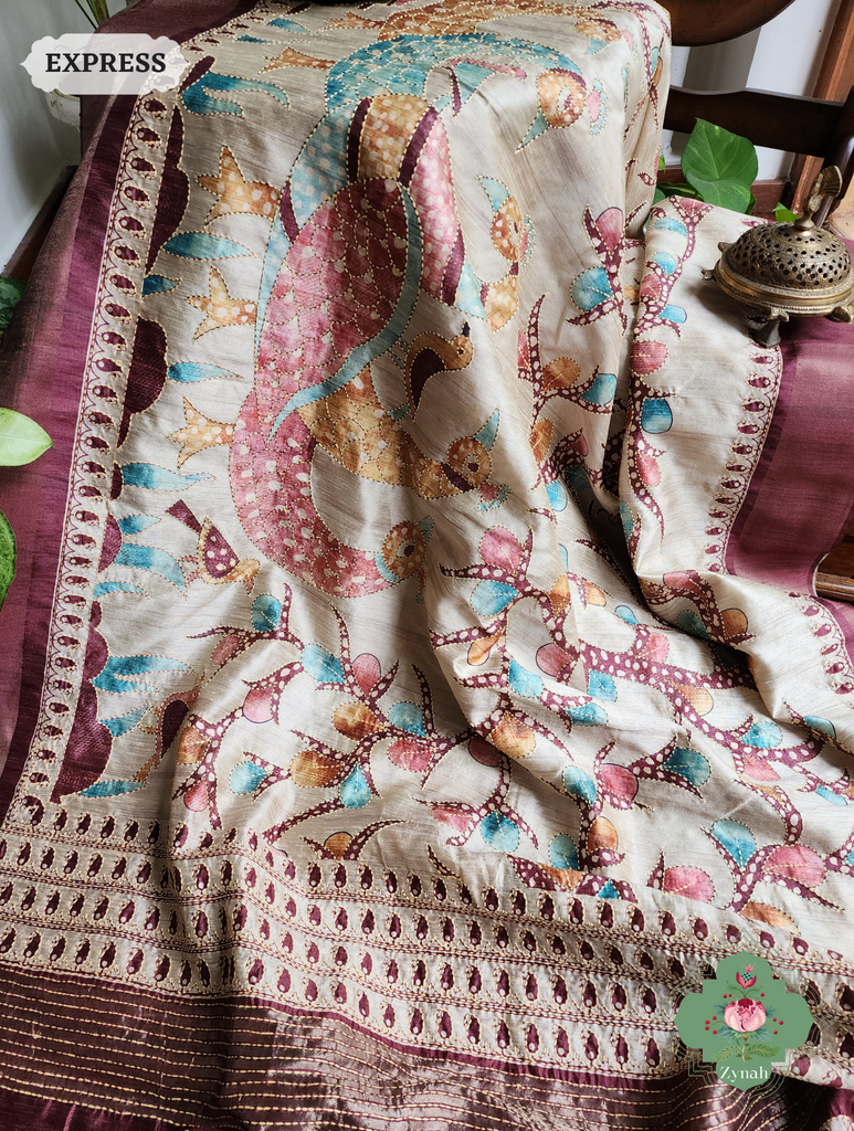 Beige & Dark Brown Jute Linen Saree With Kantha Work & Kalamkari Print