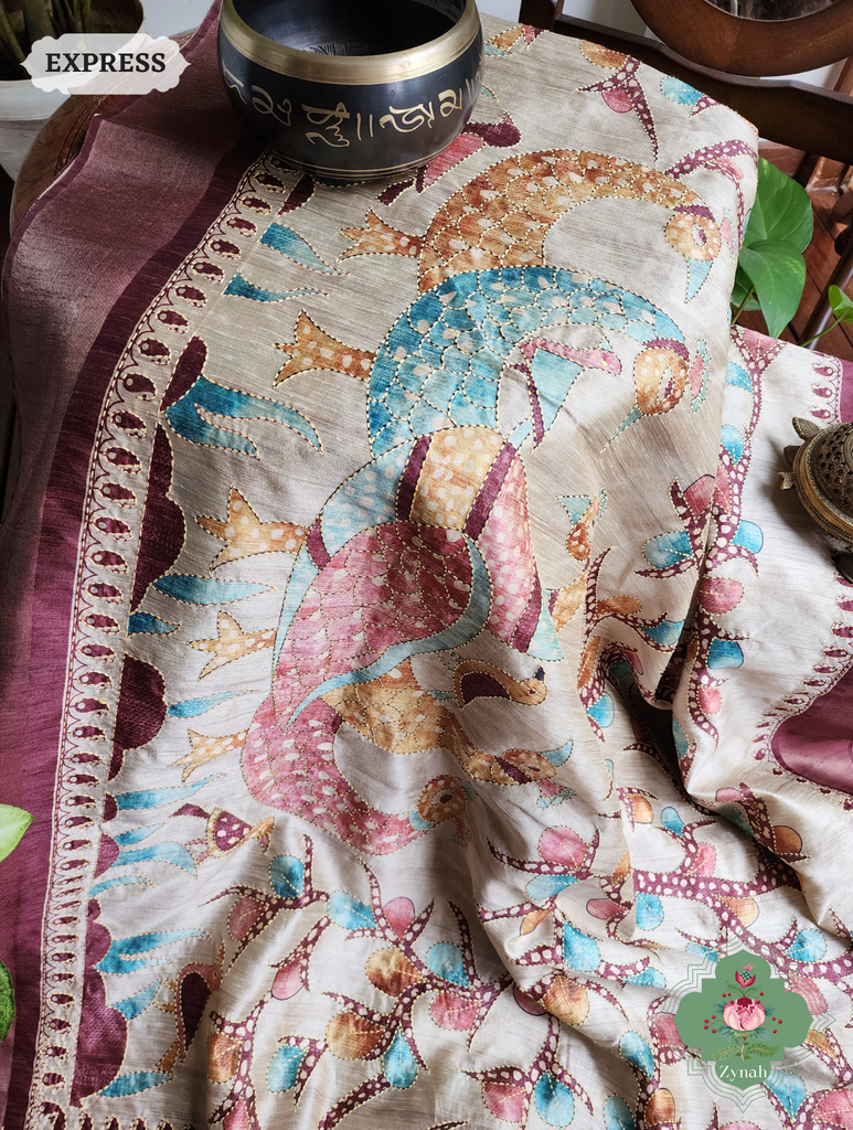 Beige & Dark Brown Jute Linen Saree With Kantha Work & Kalamkari Print
